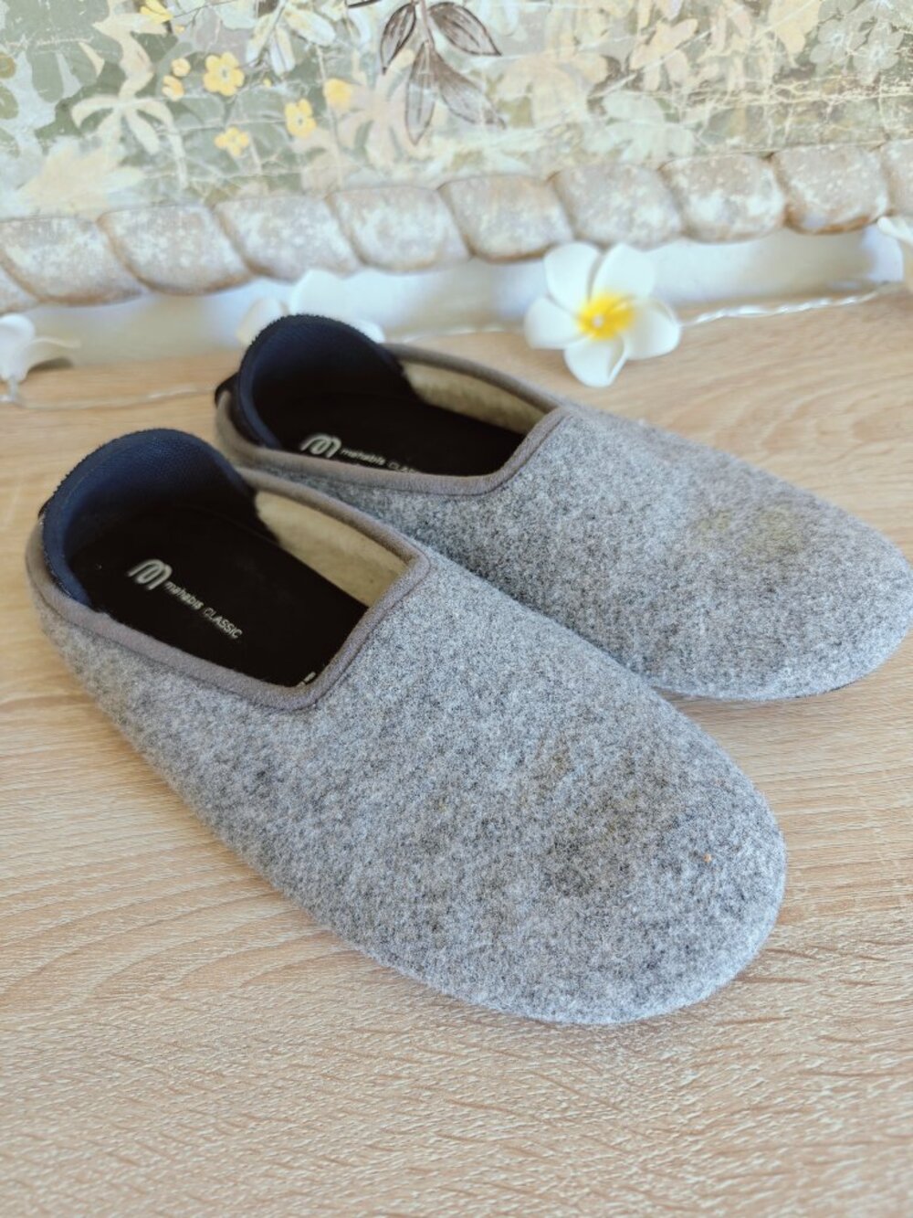 Mahabis Classic Grey Wool Slippers Rubber Sole EU 38